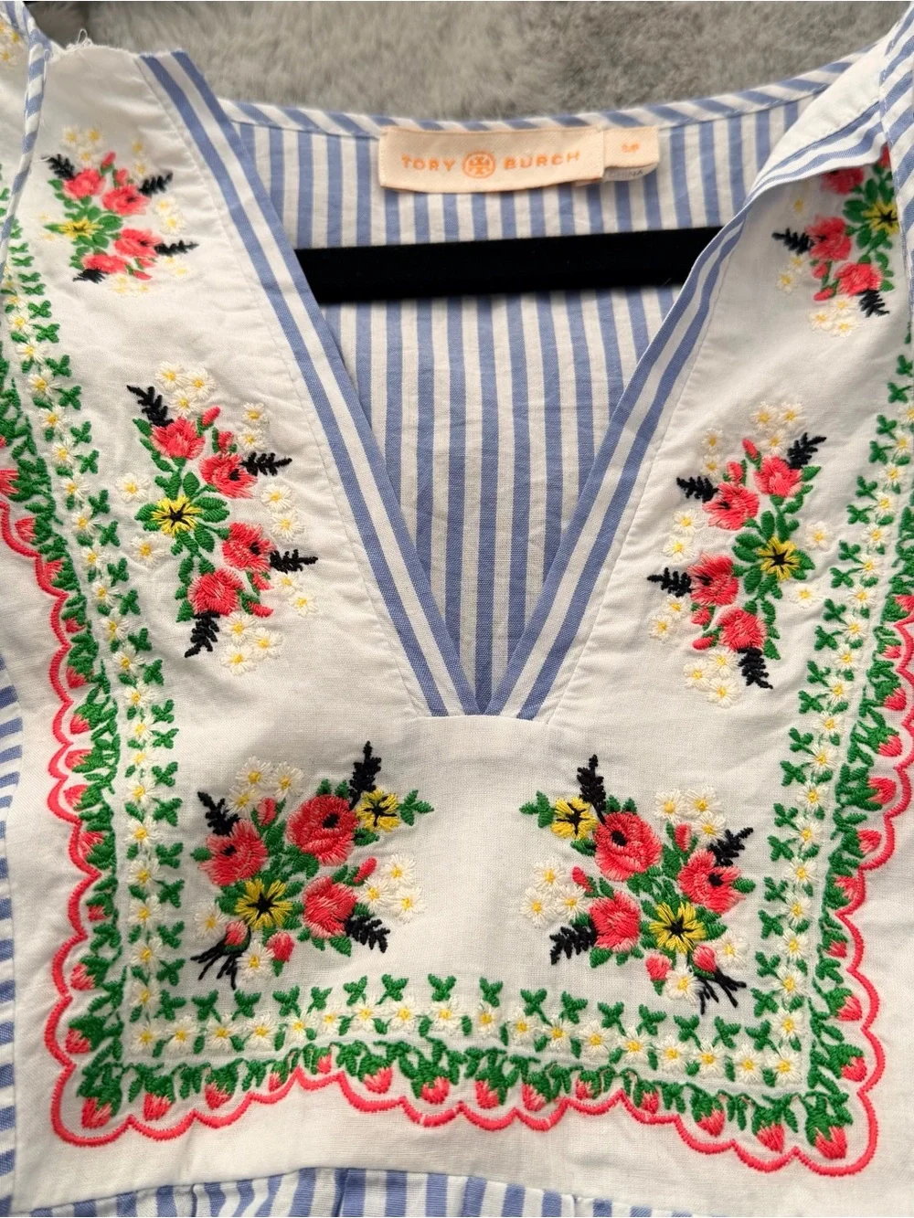 Tory Burch Striped Embroidered Beach Tunic Coverup Dress Size Small S/P Cotton